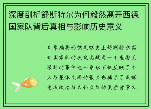 深度剖析舒斯特尔为何毅然离开西德国家队背后真相与影响历史意义